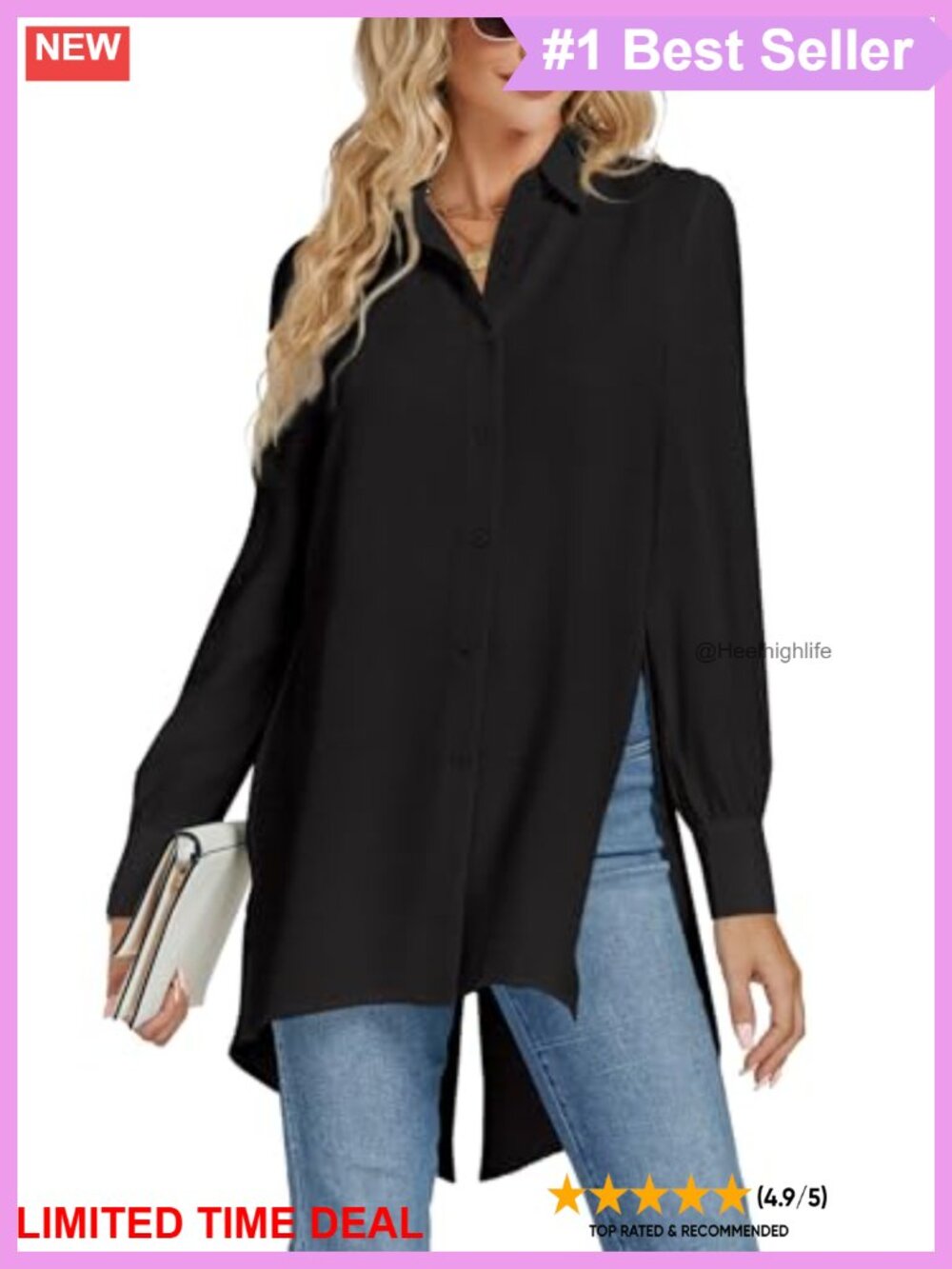 Womens Collar V Neck Button Down Tunic Top Long Sleeve Split Slit